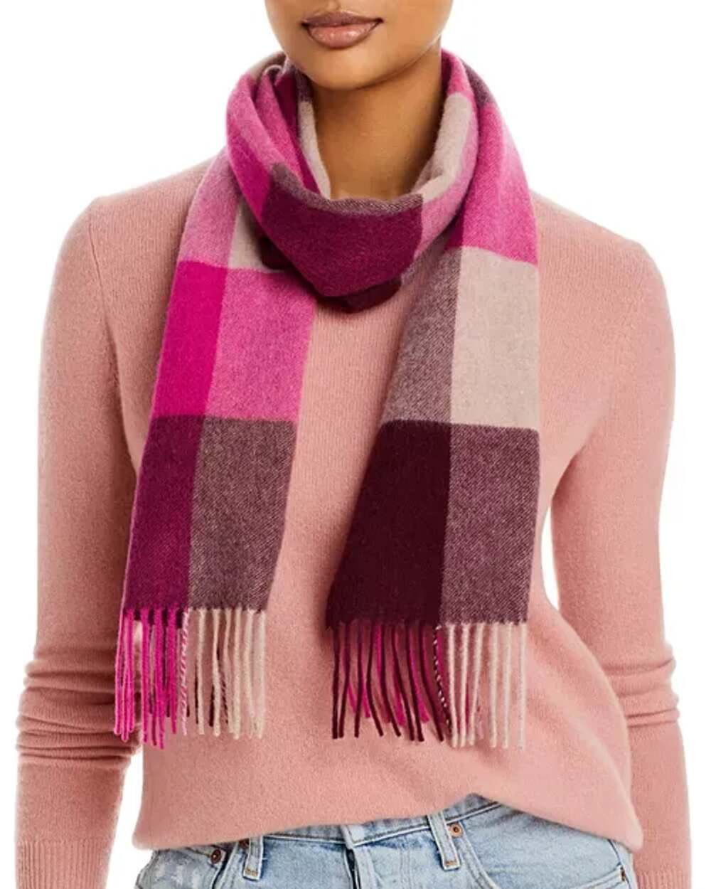 Bloomingdale’s 100% Cashmere Pink Plum Plaid Scarf Fringe MSRP $168